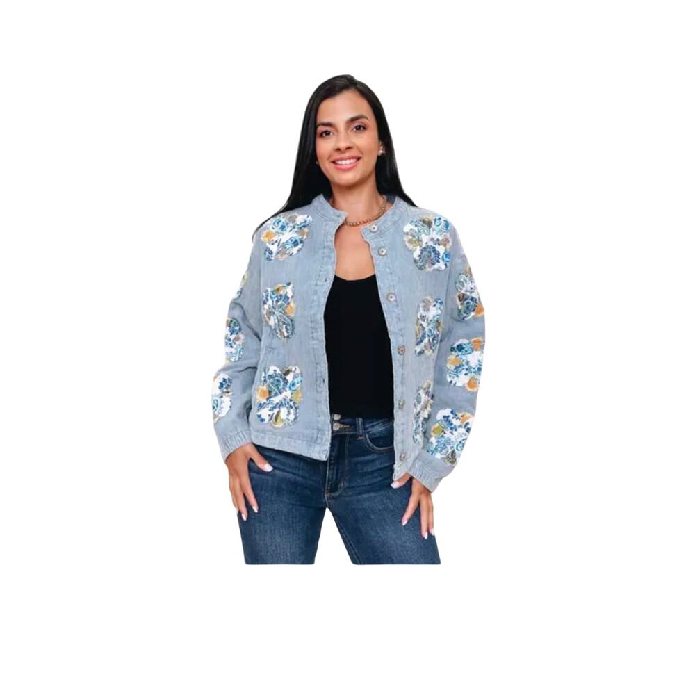 POL Floral Patch Denim Button Up Quilted Jacket S